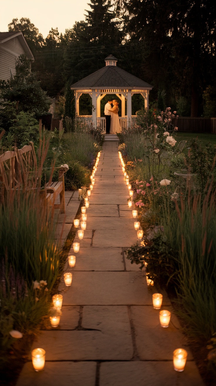 A charming garden pathway illuminated by candles leading to a gazebo.