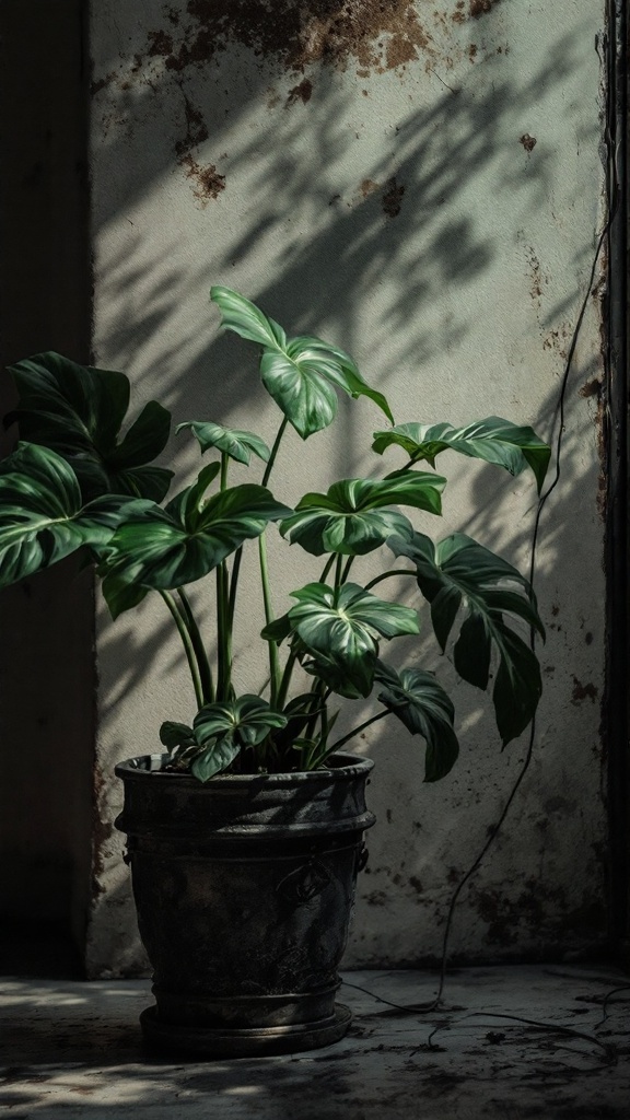 A Cast Iron Plant in a dark room, showcasing its green leaves and sturdy pot.