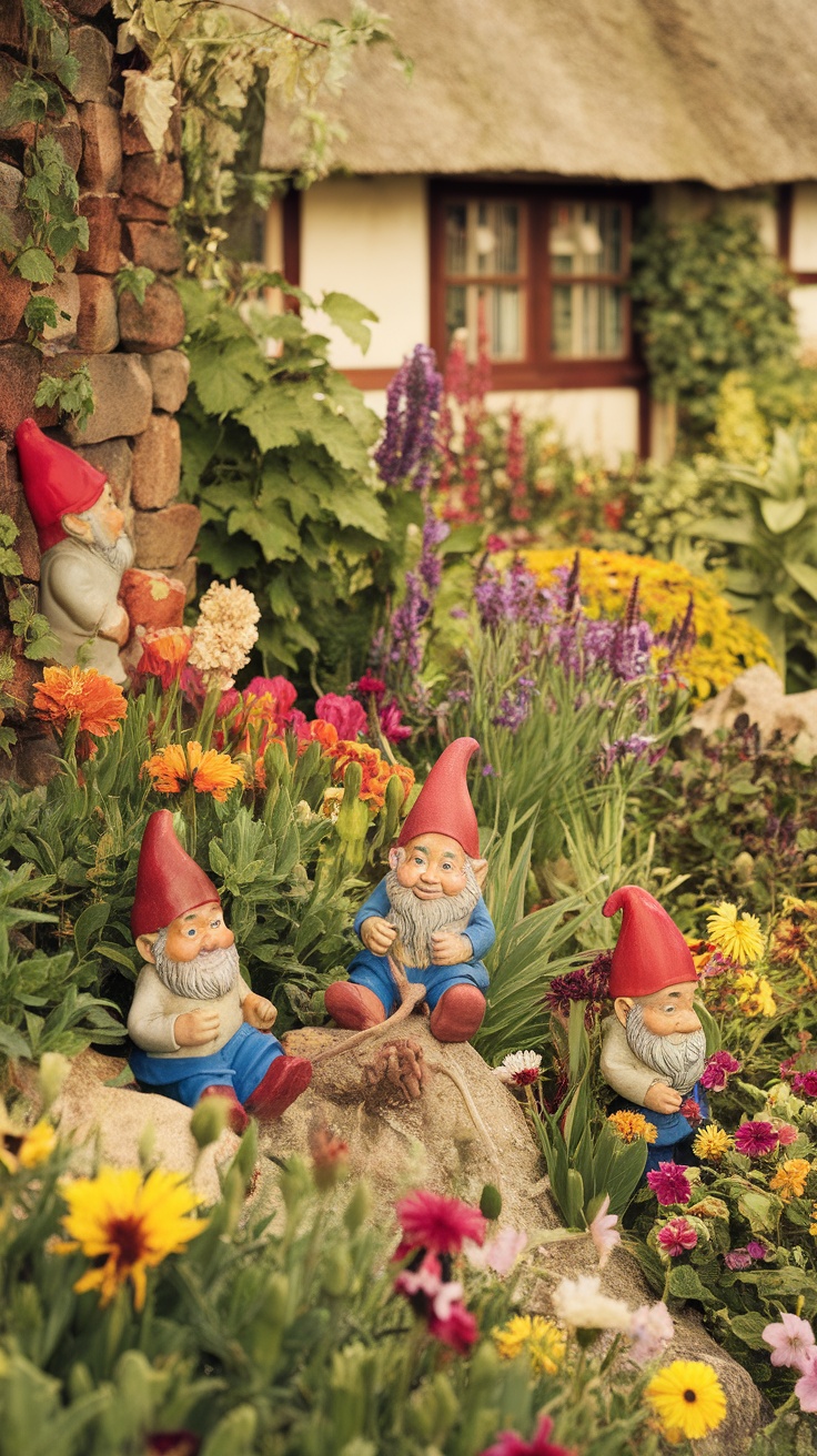 Colorful garden gnomes surrounded by blooming flowers in a lush garden setting.