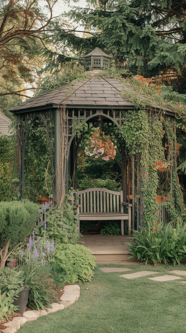 Charming gazebo surrounded by lush greenery and flowers.