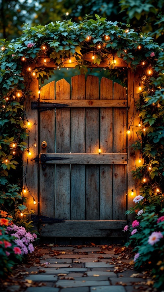 A rustic wooden garden gate surrounded by greenery and flowers, adorned with warm fairy lights.