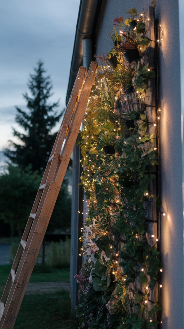 Vertical garden wall with fairy lights and a wooden ladder