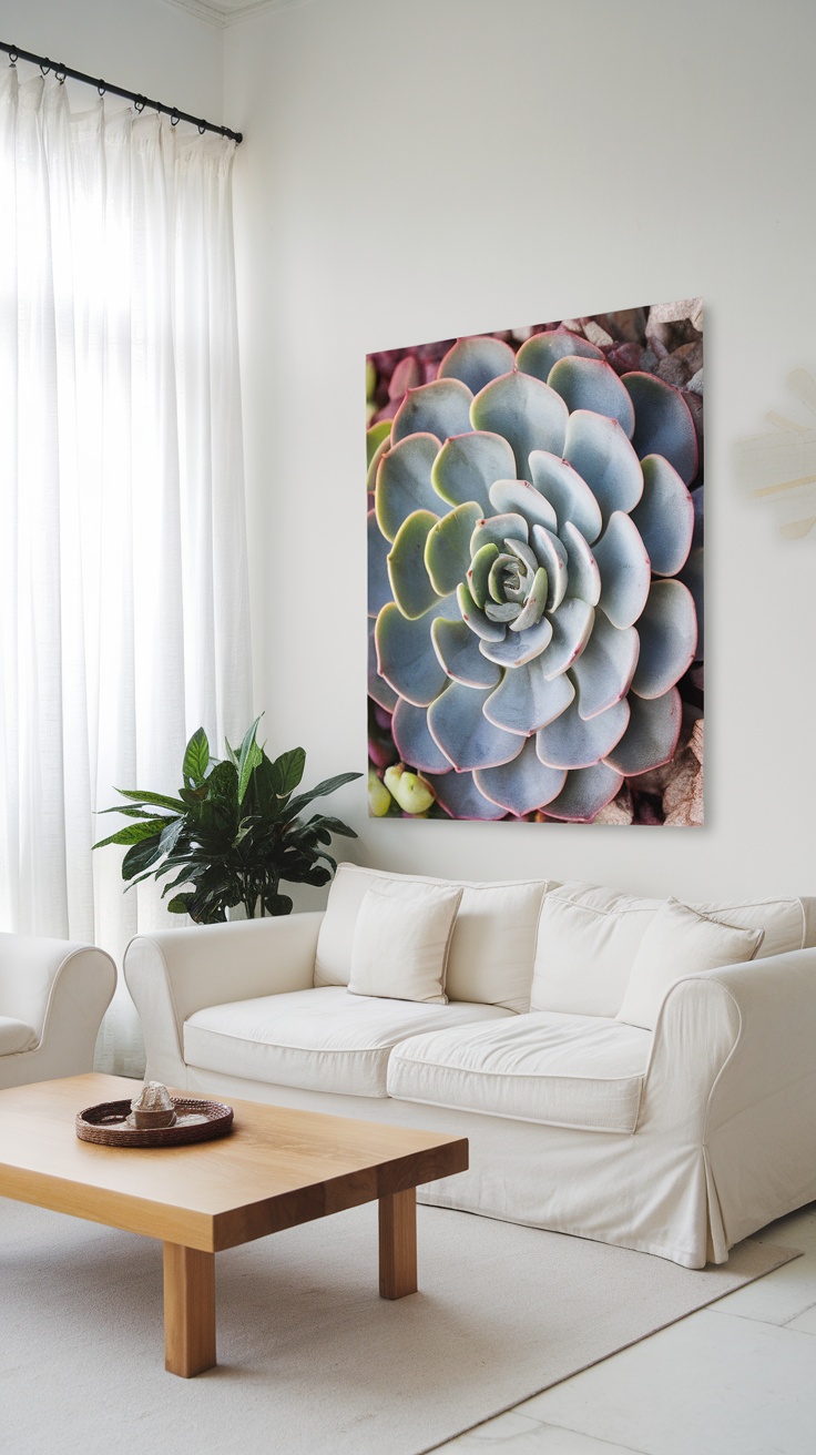 A cozy living room with a succulent wall art framed in an old picture frame.