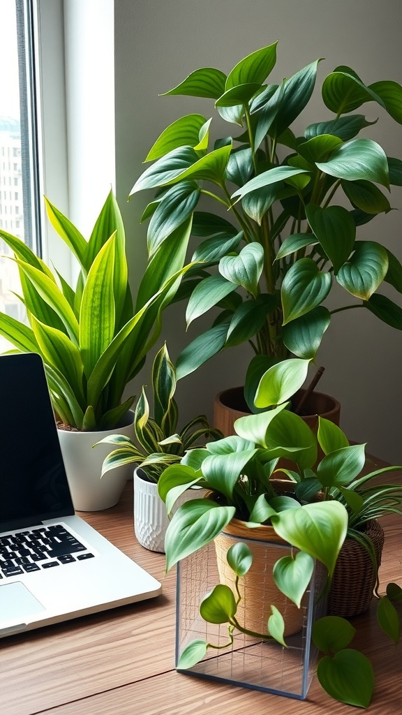 A vibrant office setup featuring various indoor plants beside a laptop on a wooden desk.