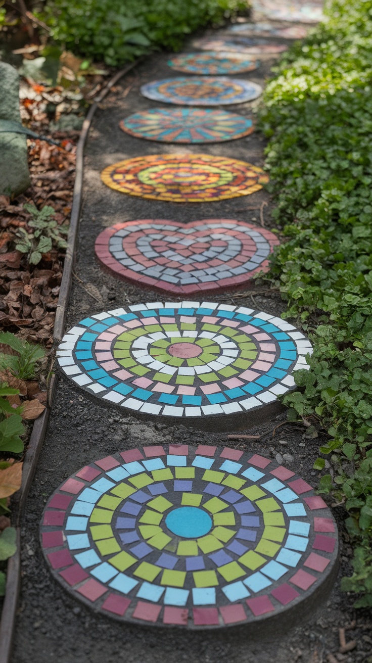 Colorful mosaic stepping stones arranged along a garden path