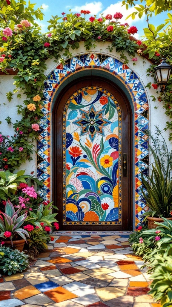 A beautiful garden gate adorned with colorful mosaic tiles and surrounded by blooming flowers.