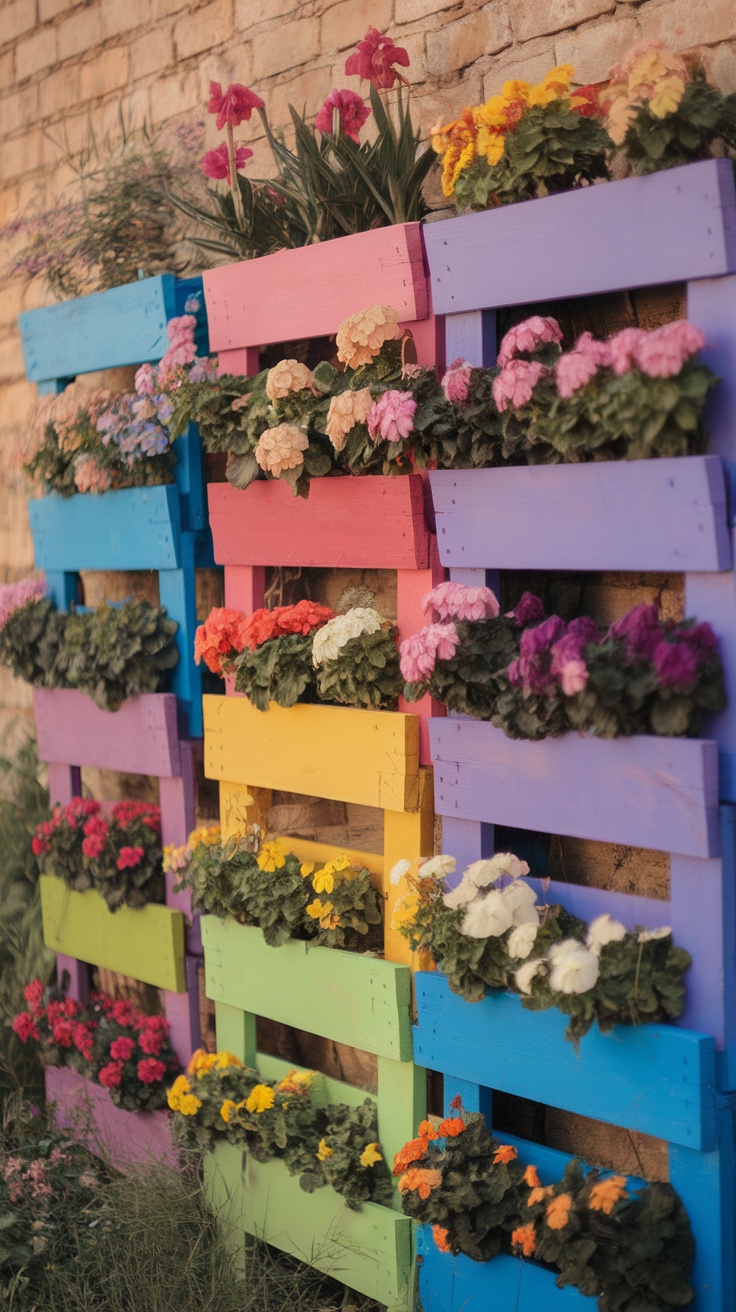 Colorful vertical garden made from wooden pallets with flowers and plants