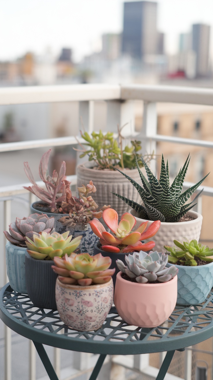 Colorful succulent arrangements on a balcony table.