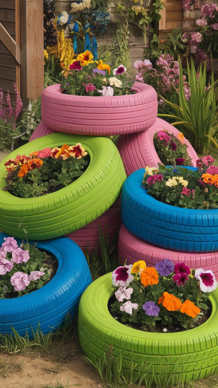 Colorful tire planters filled with flowers in a garden setting.