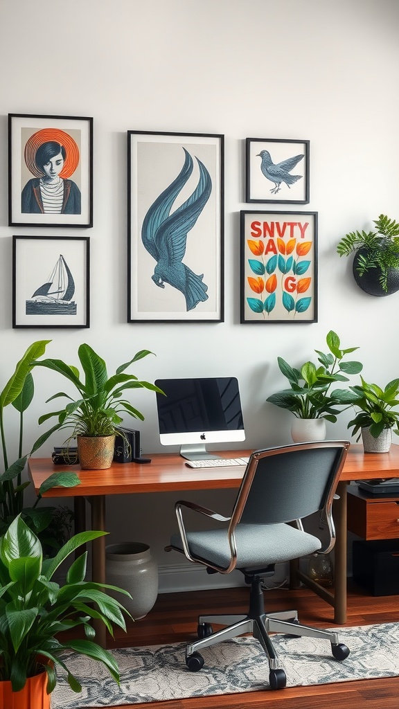 A cozy home office with a wooden desk, computer, and various plants along with framed art on the wall.