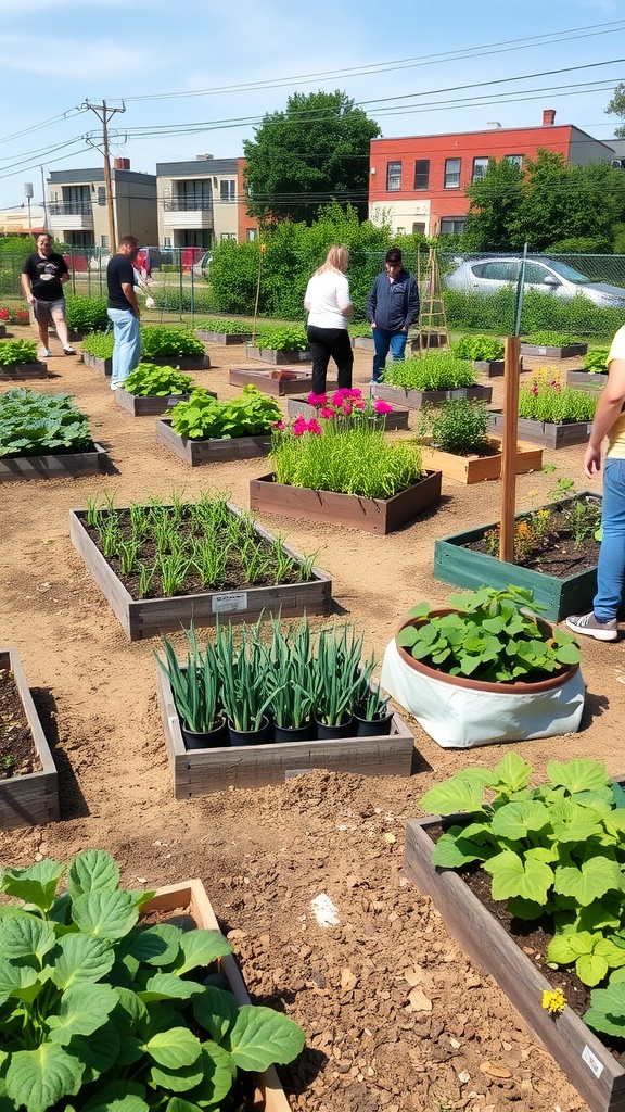 A vibrant community garden with people tending to various vegetable plots.