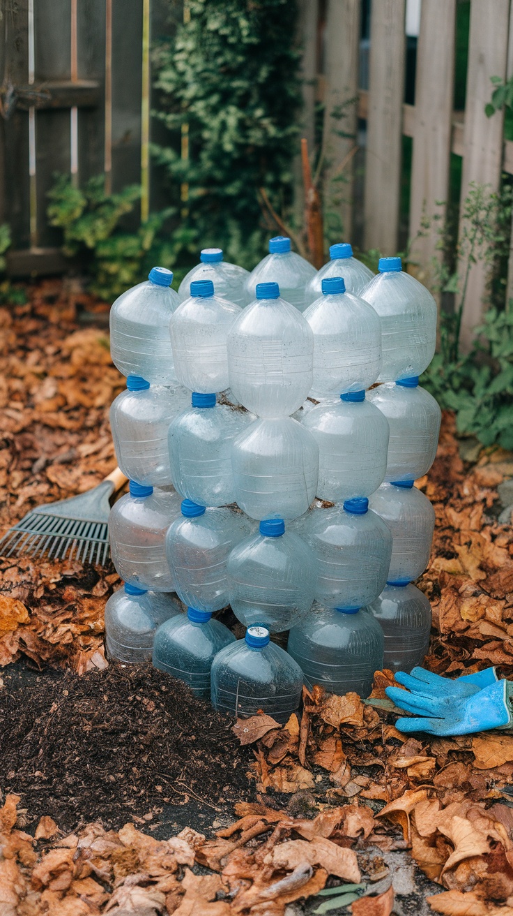 A compost bin constructed from stacked plastic bottles, surrounded by leaves and a pile of compost.