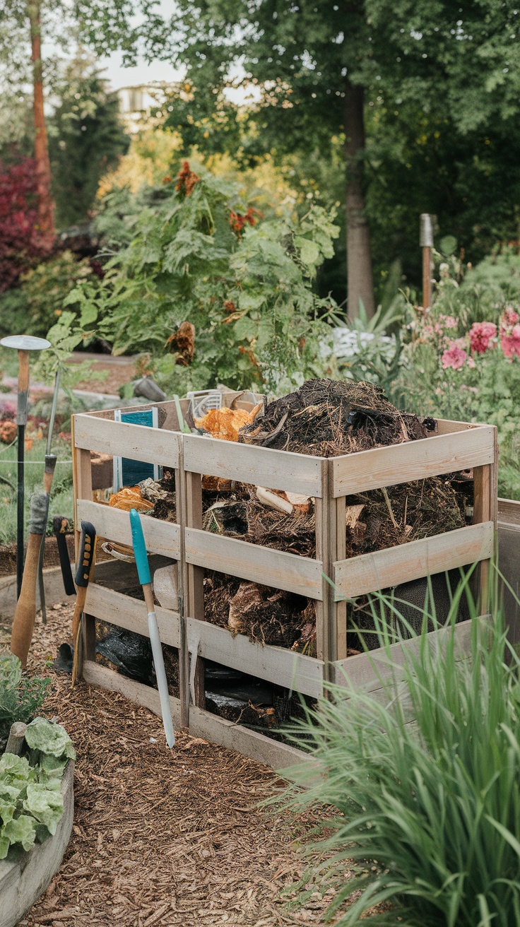 A wooden compost bin filled with organic material surrounded by green plants.