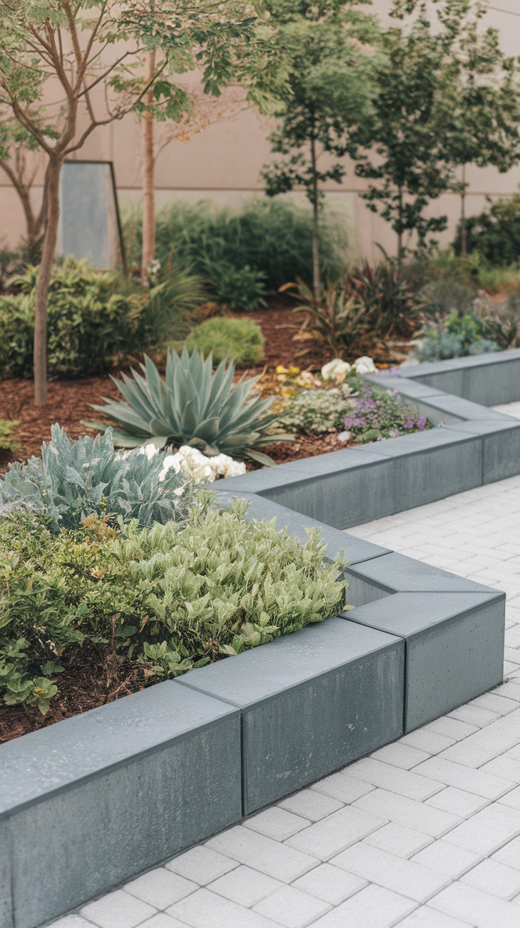 A landscaped area with concrete curbing and various plants.