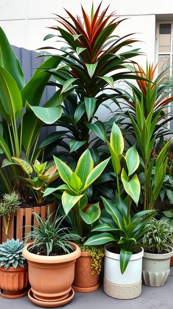 A collection of tropical plants in various containers arranged together.