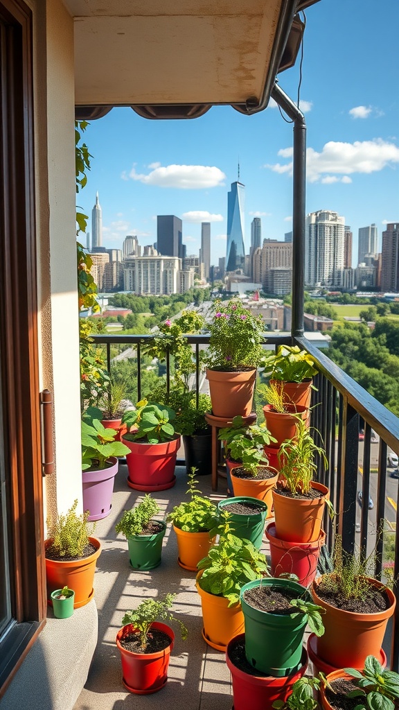 Colorful pots with various plants on a balcony overlooking a city skyline.