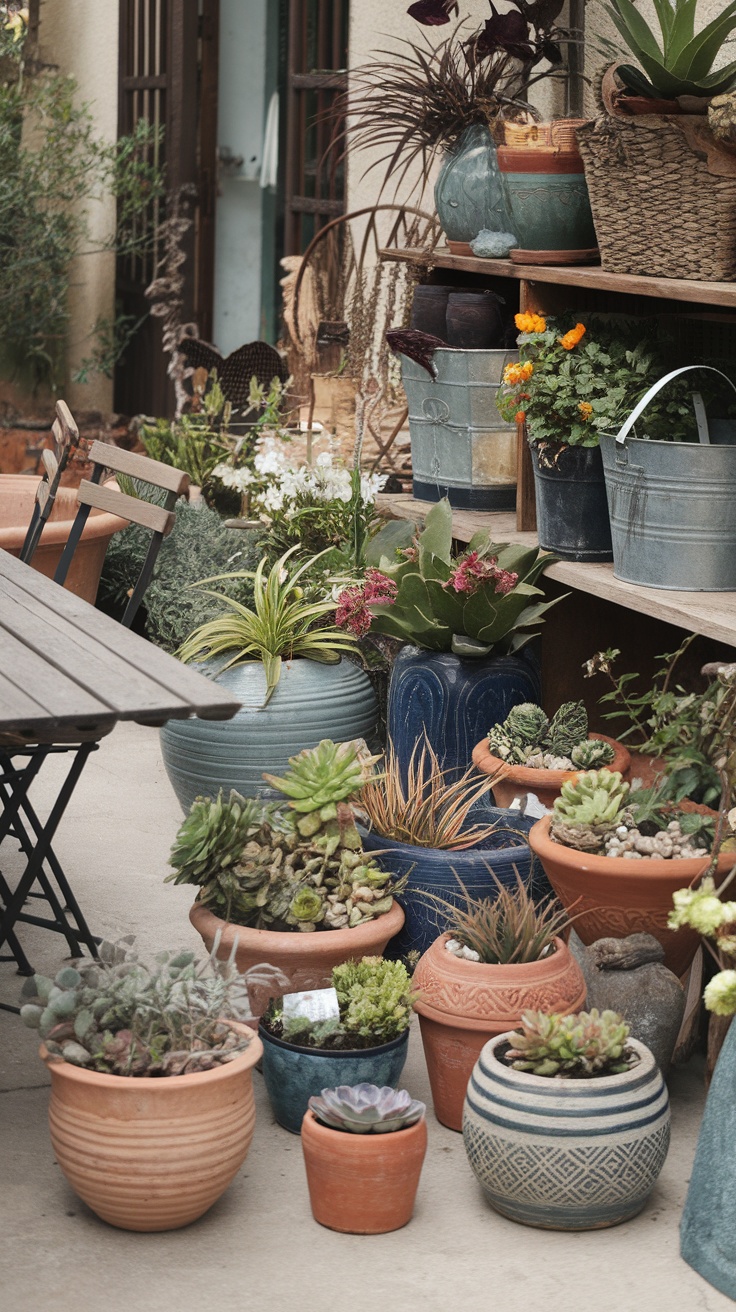 A variety of potted plants in different containers arranged on a shelf and patio.