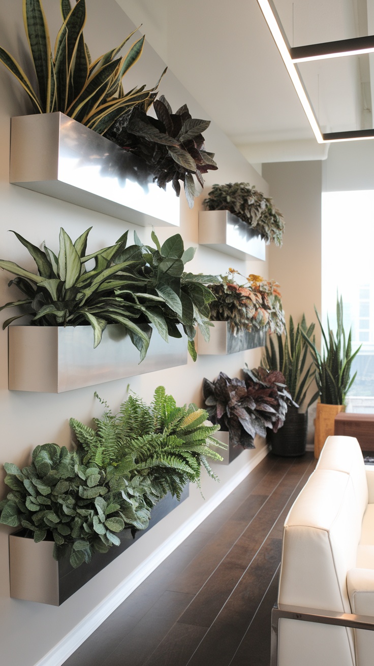 A stylish vertical garden wall featuring various plants in a modern office.