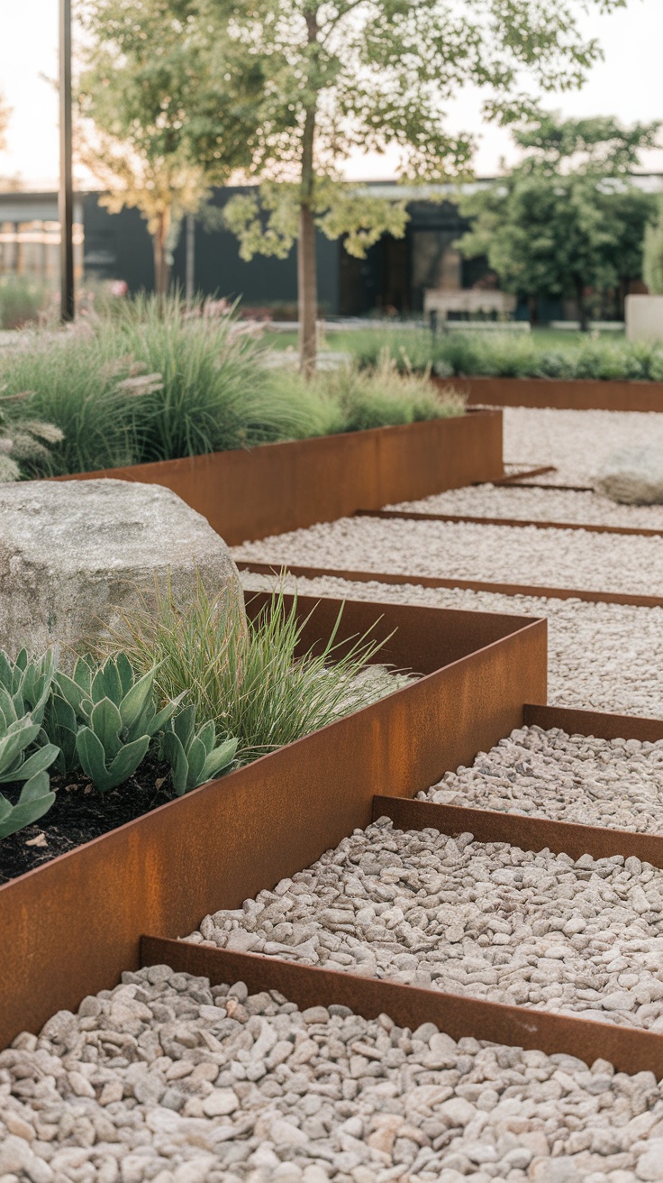 A garden with Corten steel edging, featuring gravel and greenery.