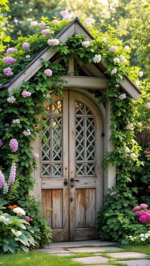 A charming cottage style trellis gate surrounded by flowers and greenery.