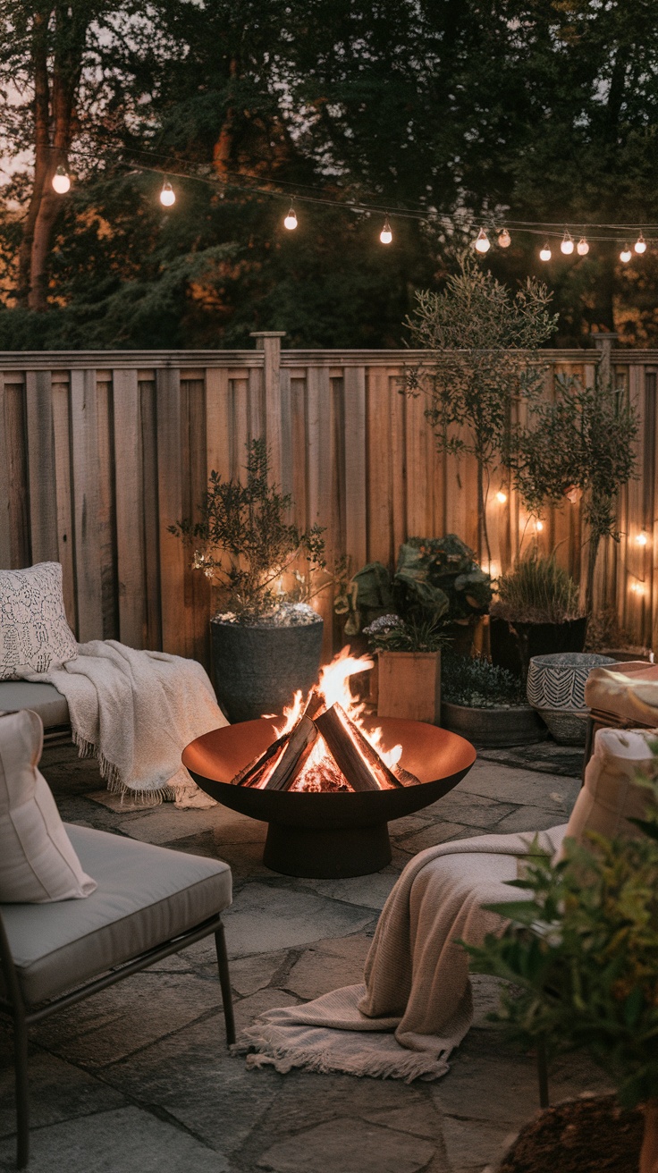 A cozy fire pit area with comfy seating and string lights illuminating the surroundings.