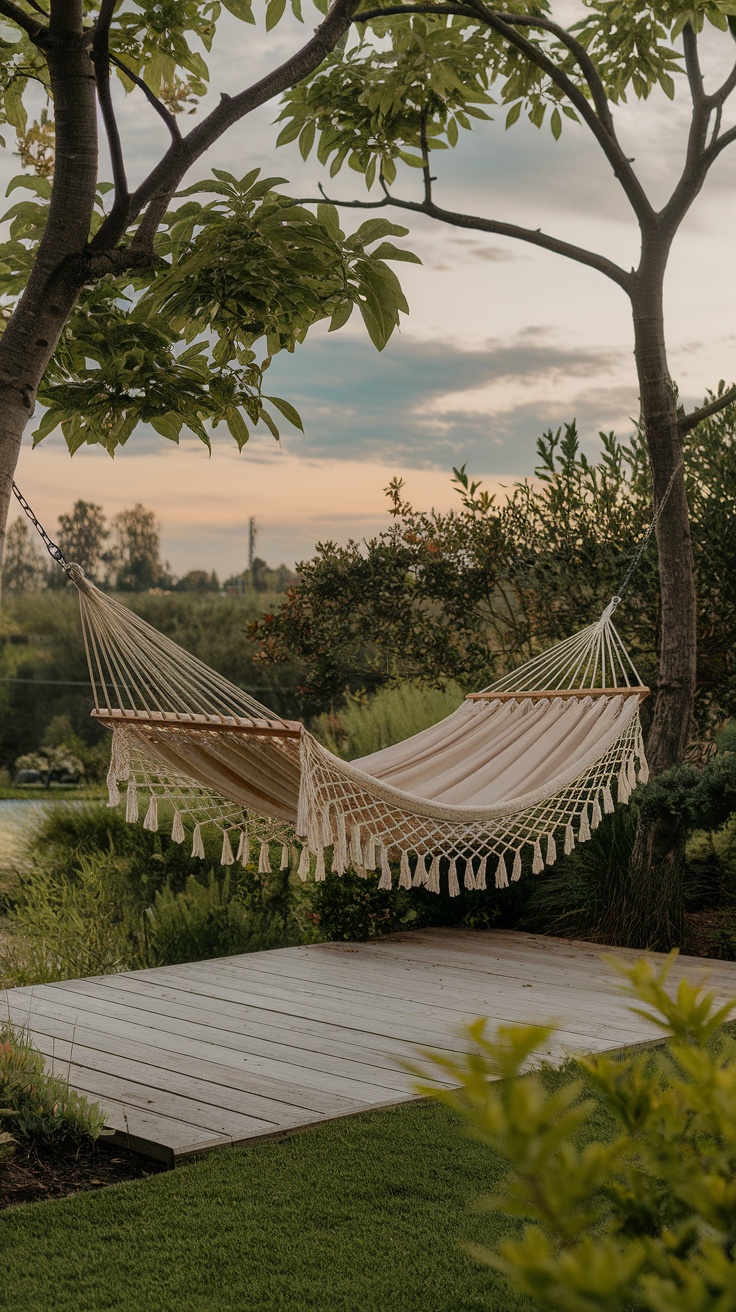 A cozy hammock hanging between two trees in a garden deck area.