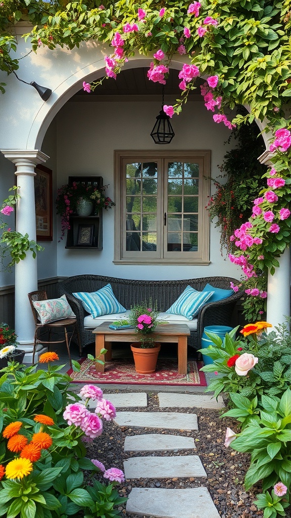 A cozy garden nook with a seating area surrounded by vibrant flowers.