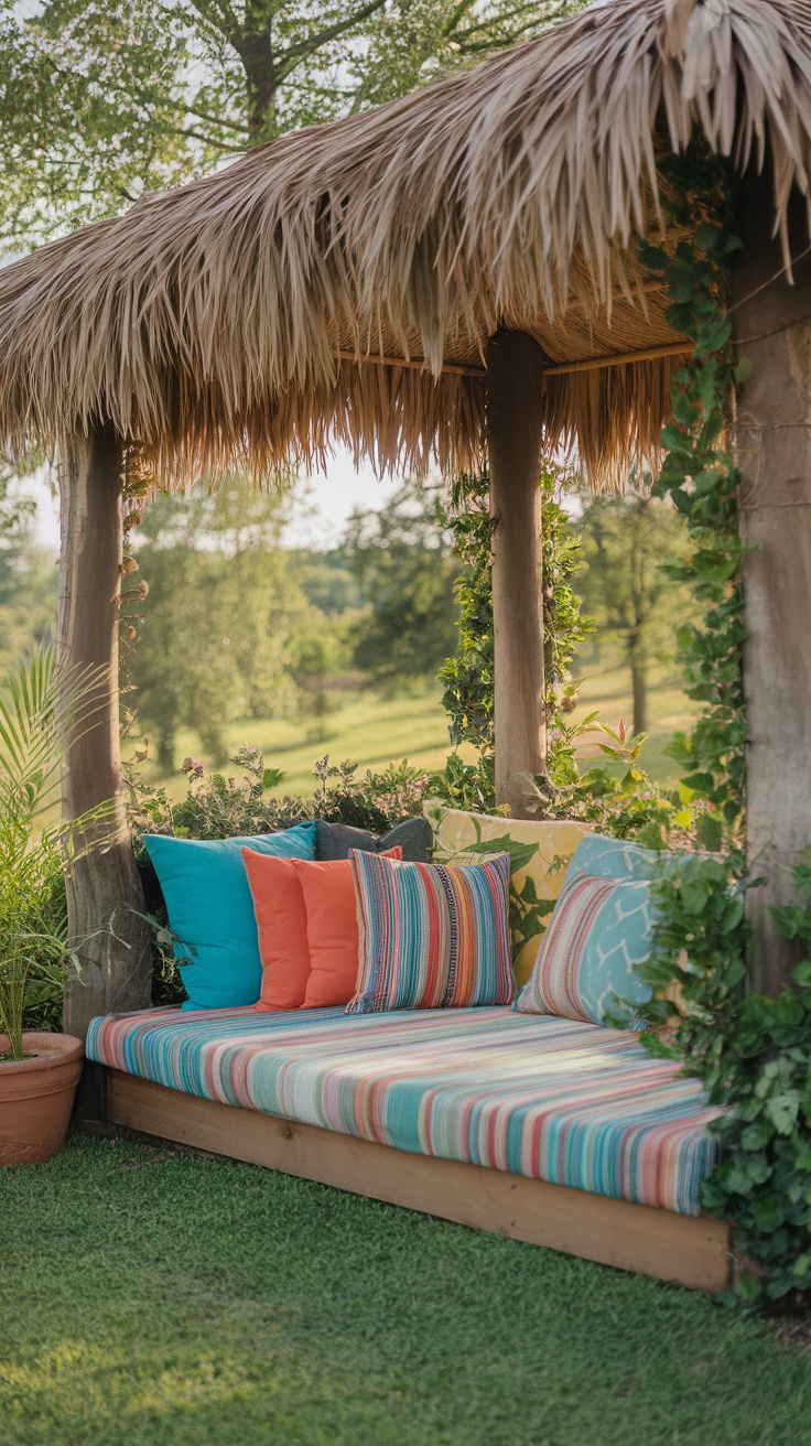 A cozy seating nook with colorful cushions under a thatched roof in a garden.