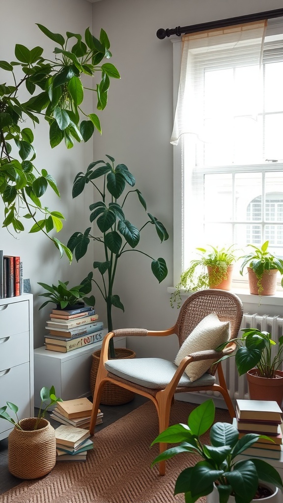 A cozy reading nook with a wooden chair, surrounded by various plants and stacks of books.