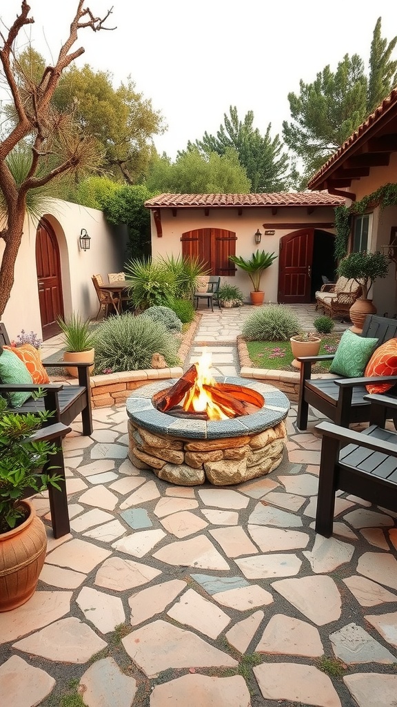 Cozy outdoor fire pit surrounded by chairs and plants.