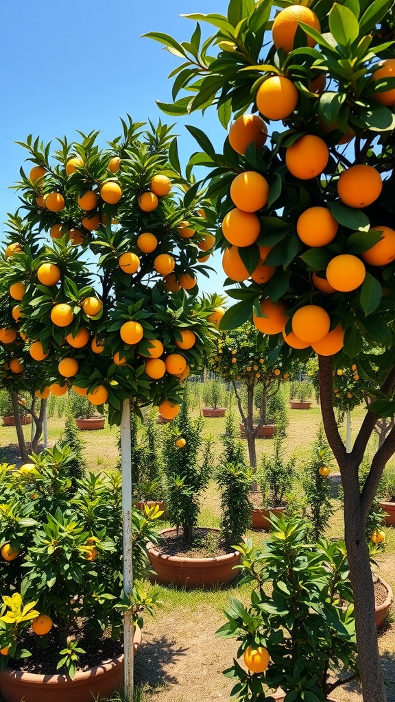 A vibrant citrus garden with orange trees loaded with fruit under a clear blue sky.