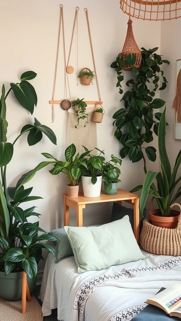 Sage green boho bedroom with a cozy plant corner featuring various plants and natural decor.