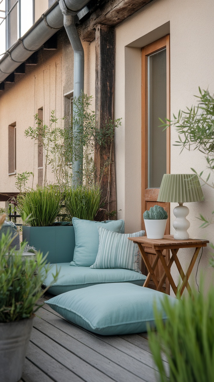 A relaxing balcony space with cushions, a small table, and potted plants.