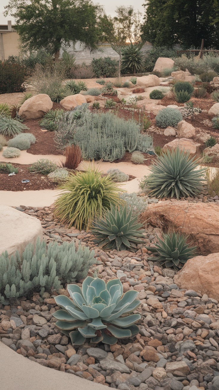 Xeriscape garden featuring various drought-resistant plants and rocks.