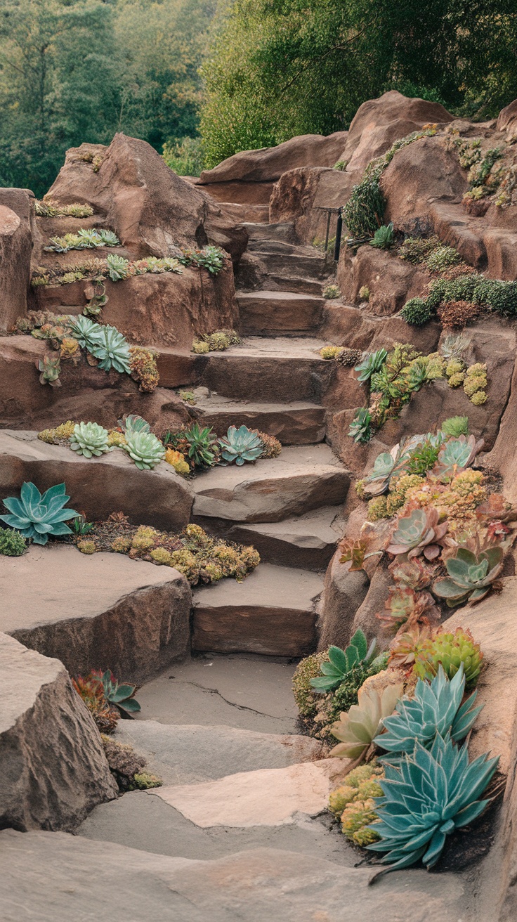 Rock garden featuring rustic stones and various succulents.