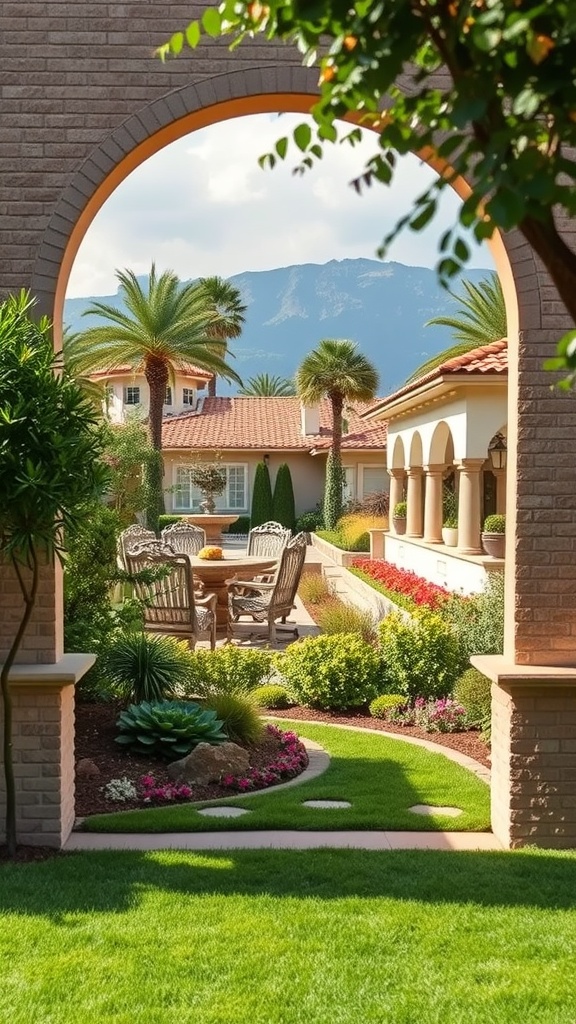 Scenic Mediterranean yard with archway, palm trees, and outdoor seating.