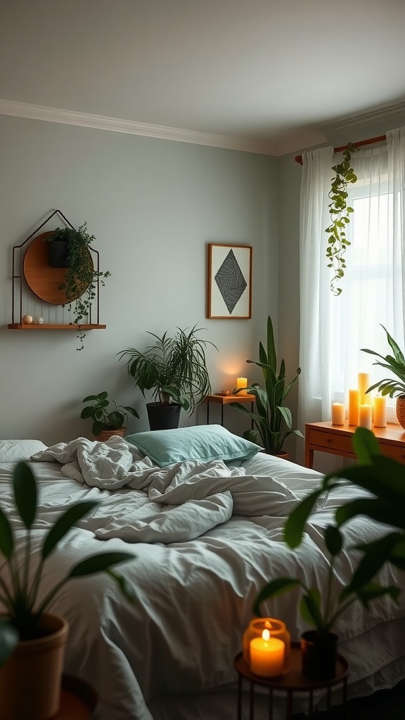 A cozy boho bedroom with sage green walls, plants, and candles creating a warm atmosphere.