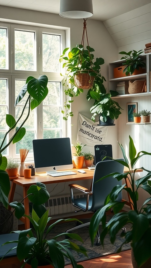 A cozy home office filled with various indoor plants, showcasing a bright and inviting atmosphere.