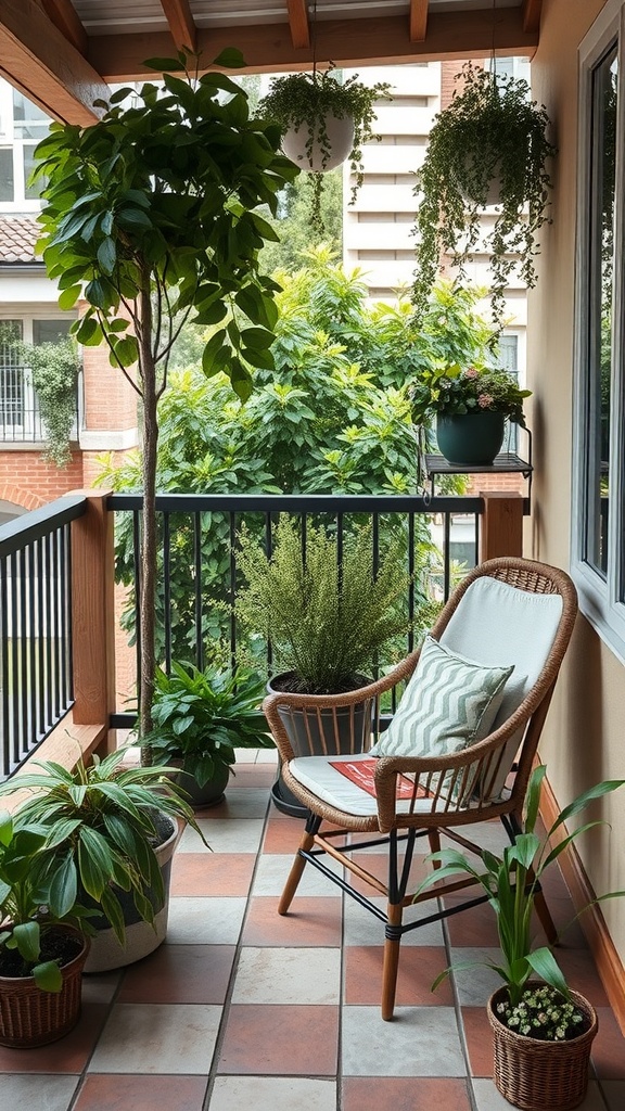 A cozy outdoor reading nook with a comfortable chair surrounded by plants.