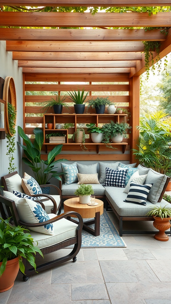 Cozy garden terrace seating area with plants and cushions