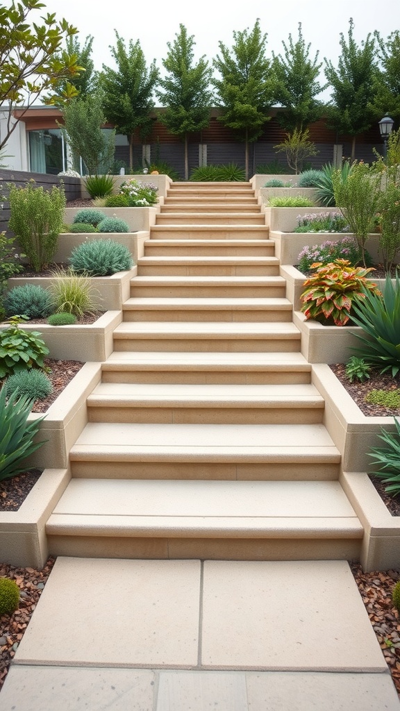 A garden terrace with tiered steps and lush greenery on either side.