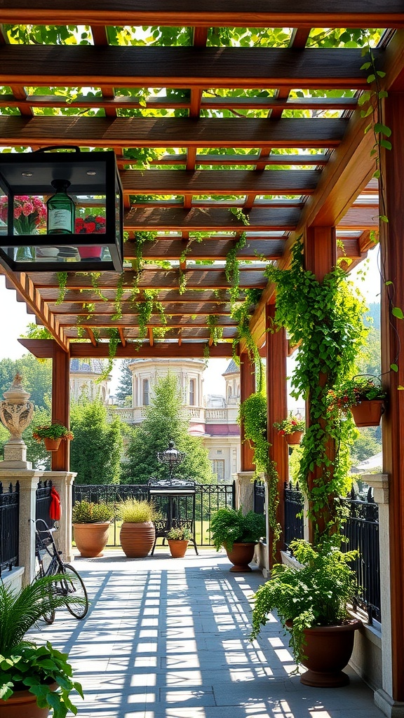 A beautiful garden terrace with a wooden pergola, showcasing lush greenery and decorative pots.