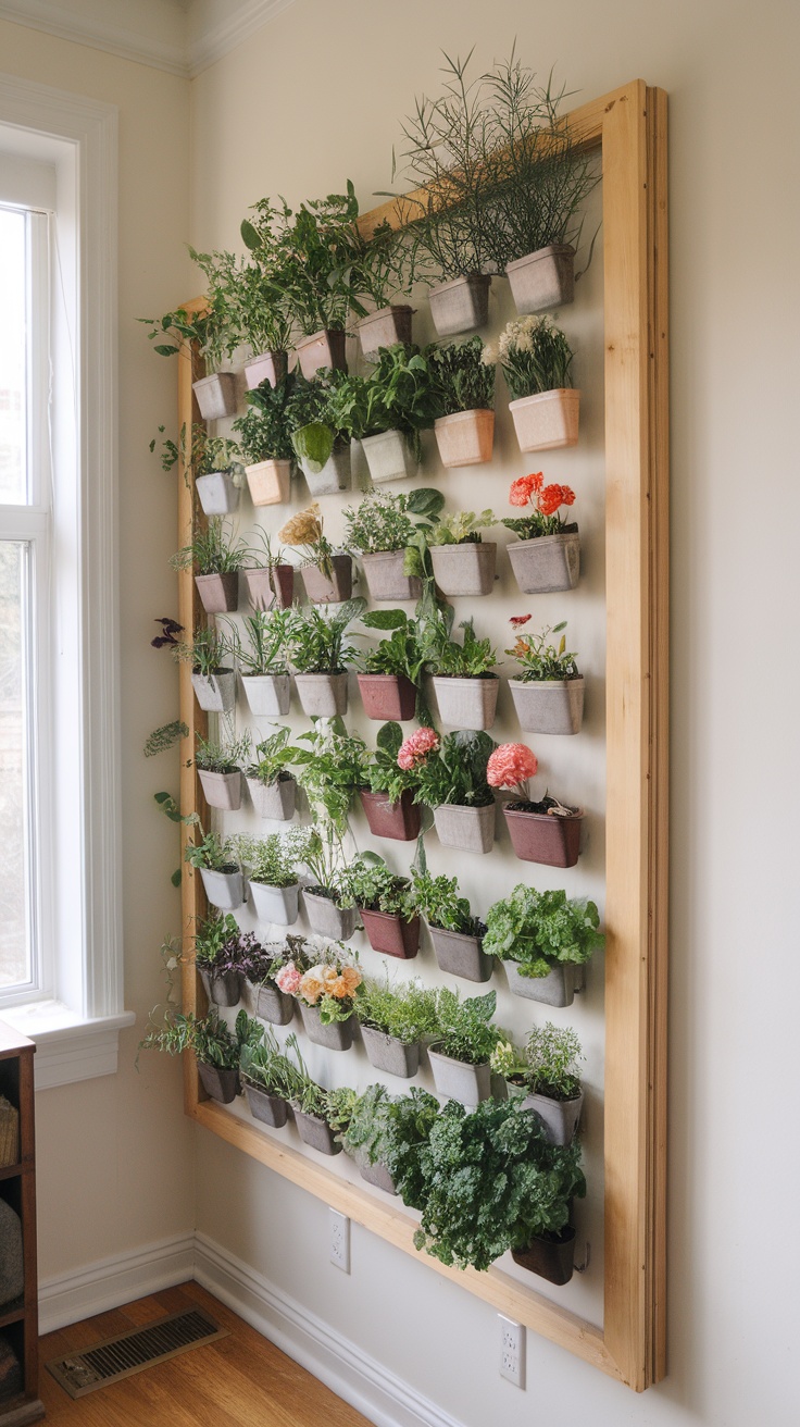 A vertical garden display with various plants in pots arranged on a wall.