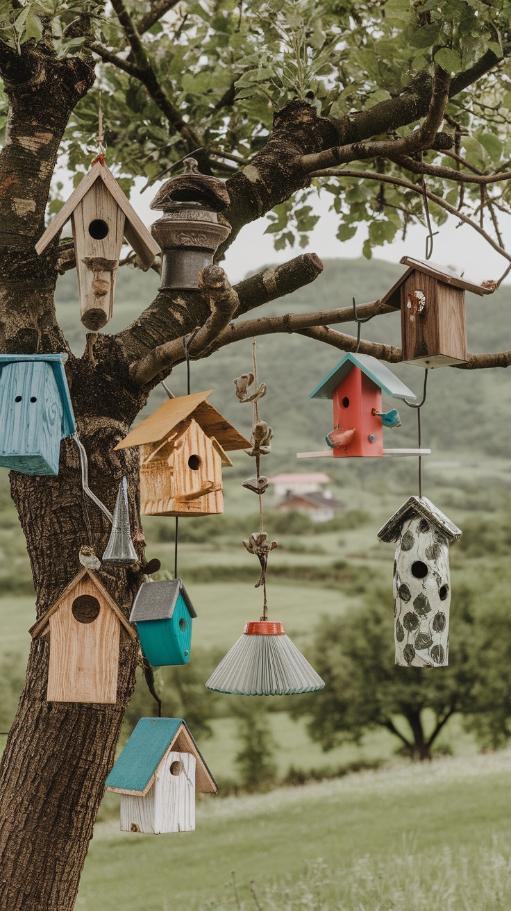 A collection of creatively designed birdhouses hanging on a tree with colorful and unique shapes.