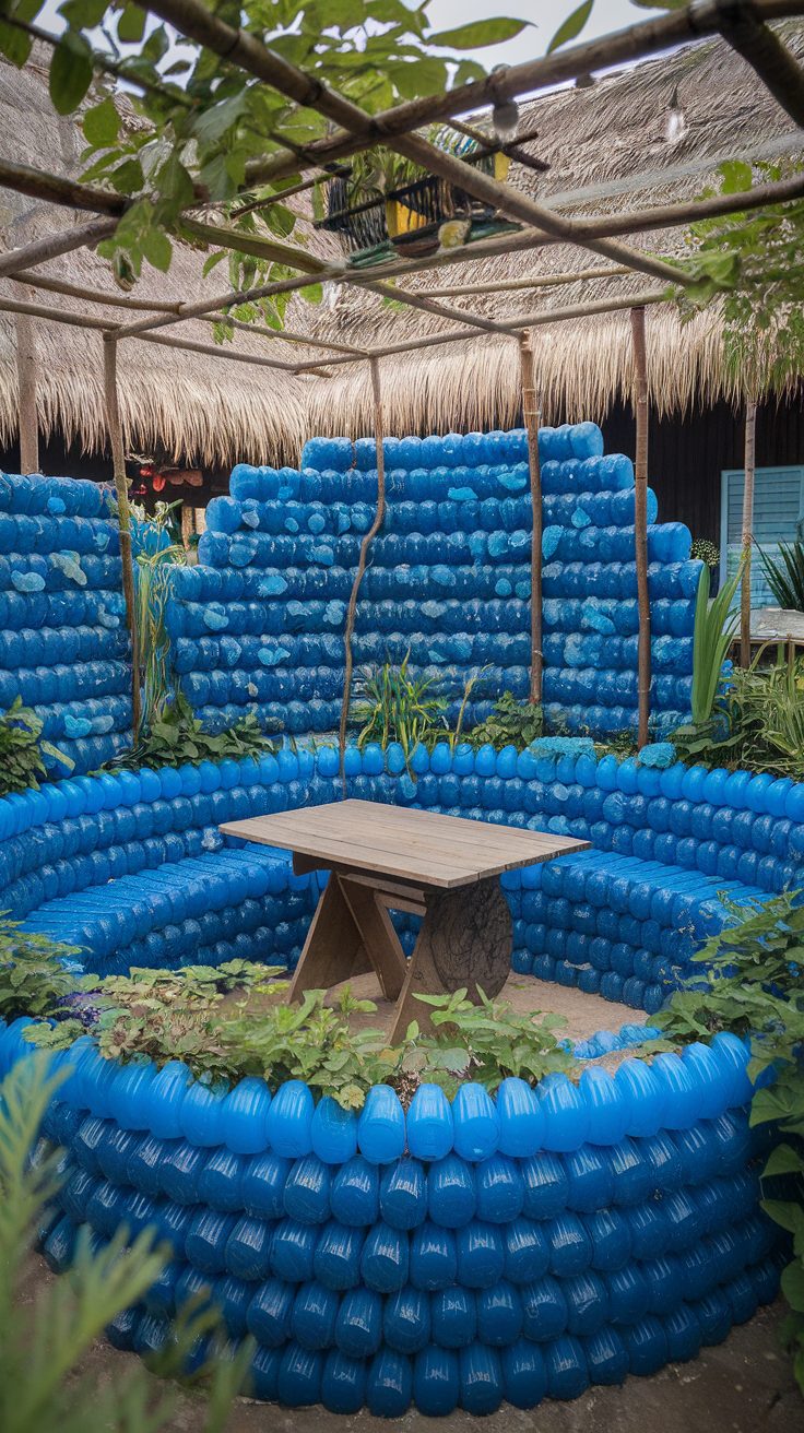 Outdoor seating area made with blue plastic bottles arranged in a circular shape with a wooden table and chairs.