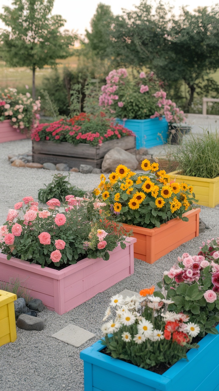 Colorful painted planters filled with blooming flowers in a vibrant garden setting.