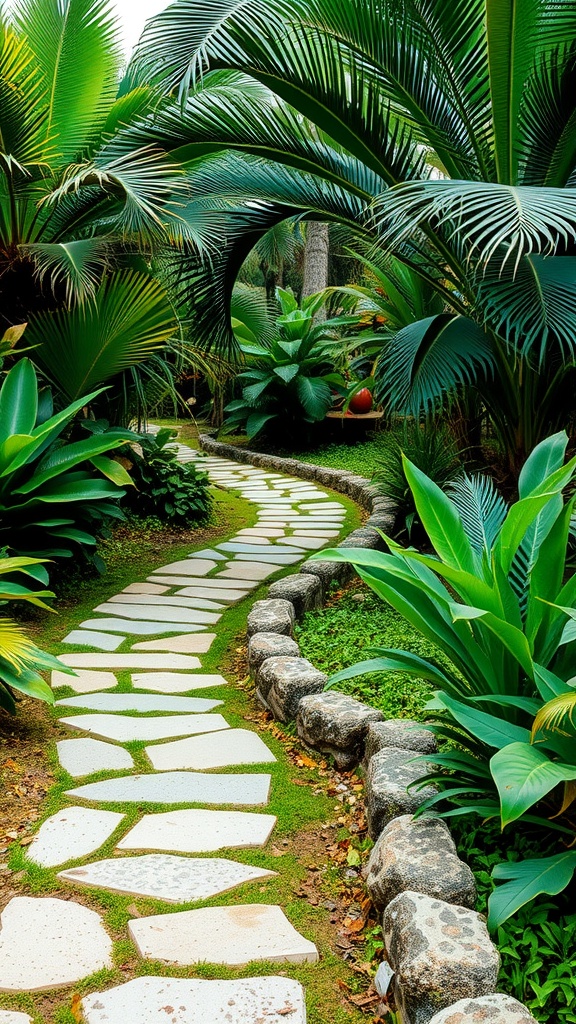 A winding stone pathway surrounded by tropical plants in a lush garden.