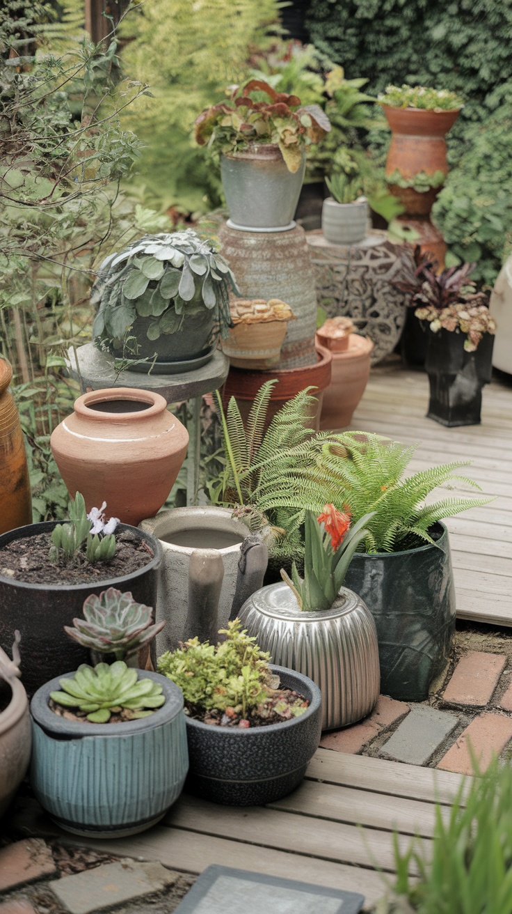 A collection of unique plant containers on a garden deck, showcasing various styles and plants.