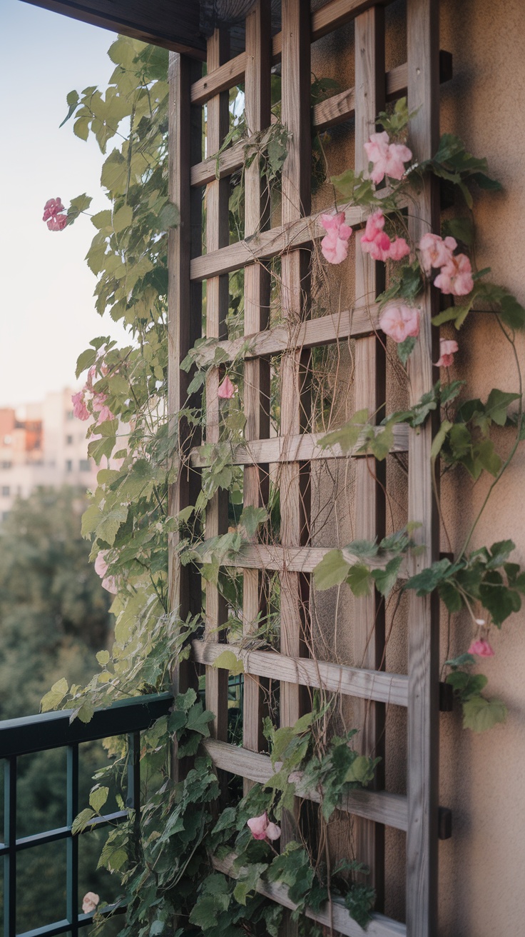 Wooden trellis with climbing plants and pink flowers on a balcony.