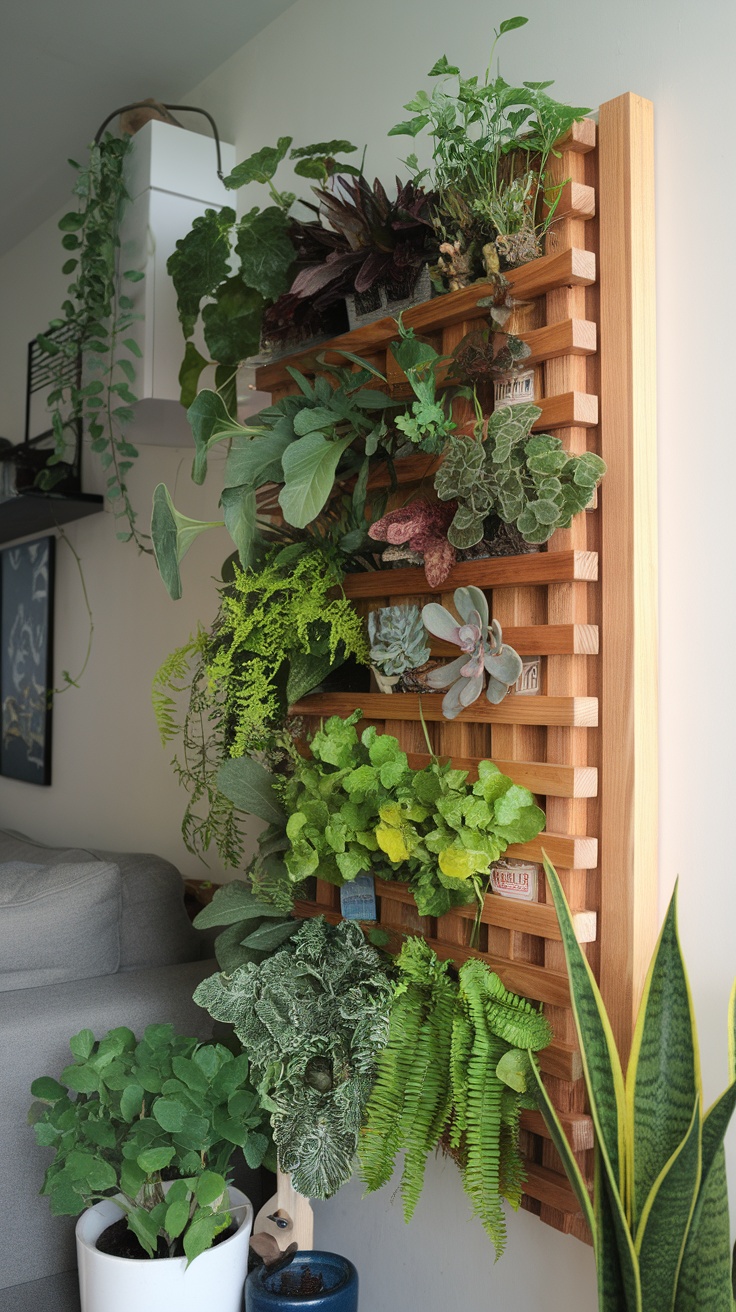 A vertical garden wall featuring various plants in a small apartment.